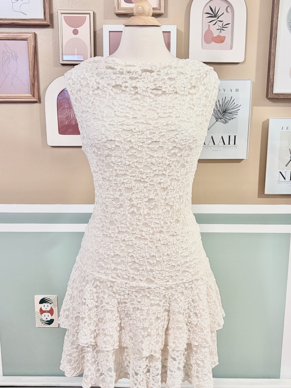 Primark Cowl Neck Laced Ruffle Mini Dress - Cream Lace Tiered Dress